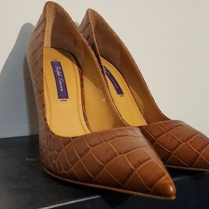 RALPH LAUREN Purple Label Celia Brown Embossed Leather Pumps ITALY US 8 NIB 38